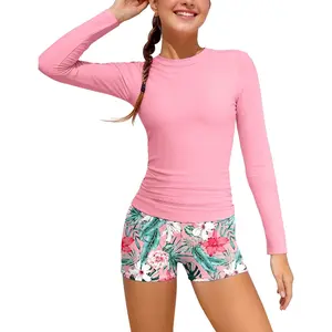 Girls Rash Guard Swimsuit 2PCS Long Sleeve Swimsuit with Tropical Shorts Girls Bathing Suits Size 7-16 Years