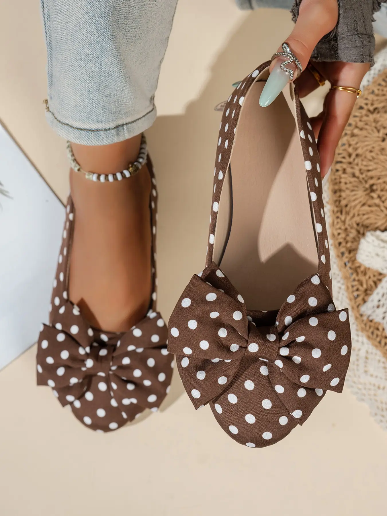 Women's Fashion Flat Shoes, Retro Polka Dot, Cute Large Bow Decoration, Casual Comfortable Sneakers for Daily Wear