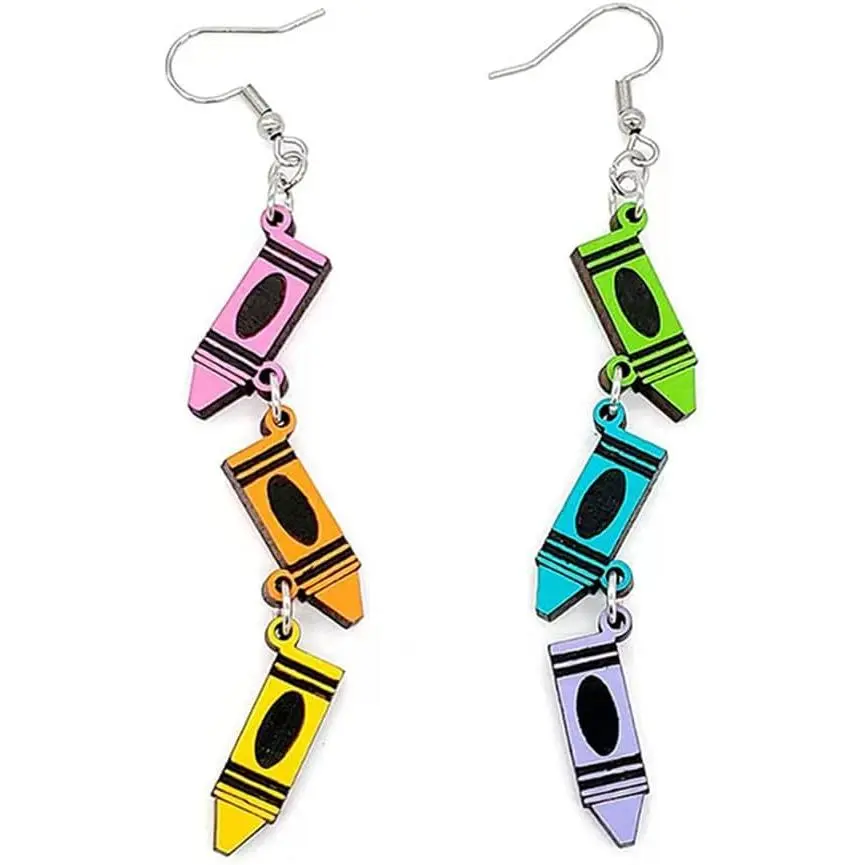 Double Sided Wooden Pencil Crayon Earrings Teacher Earrings for Women  Funny Pencil Book Drop Dangle Earrings for Teachers Appreciation Day  to Creative  Gifts (3 Painting brush Earrings)