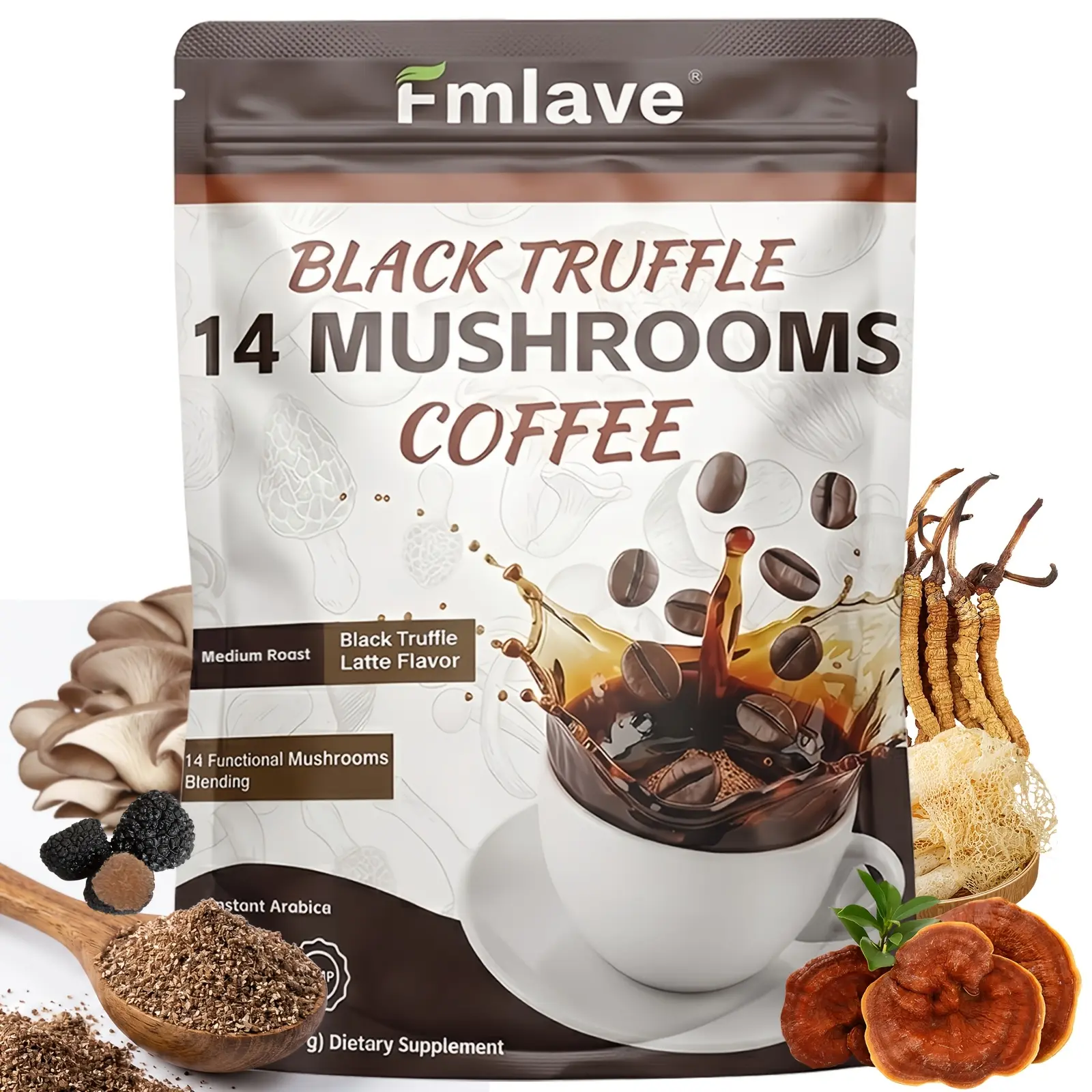Fmlave Black Truffle and 14 Mushroom Coffee - Medium Roast Instant Arabica Latte Flavor, 180g (6.35 ounces), Coconut Cream Powder Base, Suitable for Adults