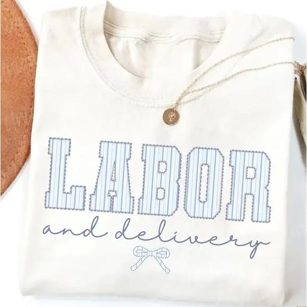 Labor And Delivery Striped Letter Bow Graphic Cotton T‑Shirt, Comfort Oversized Cute Fashion Outfit, L&D Nurse Tee, Perfect Holiday Thank‑You Gift For Nurse Colleagues