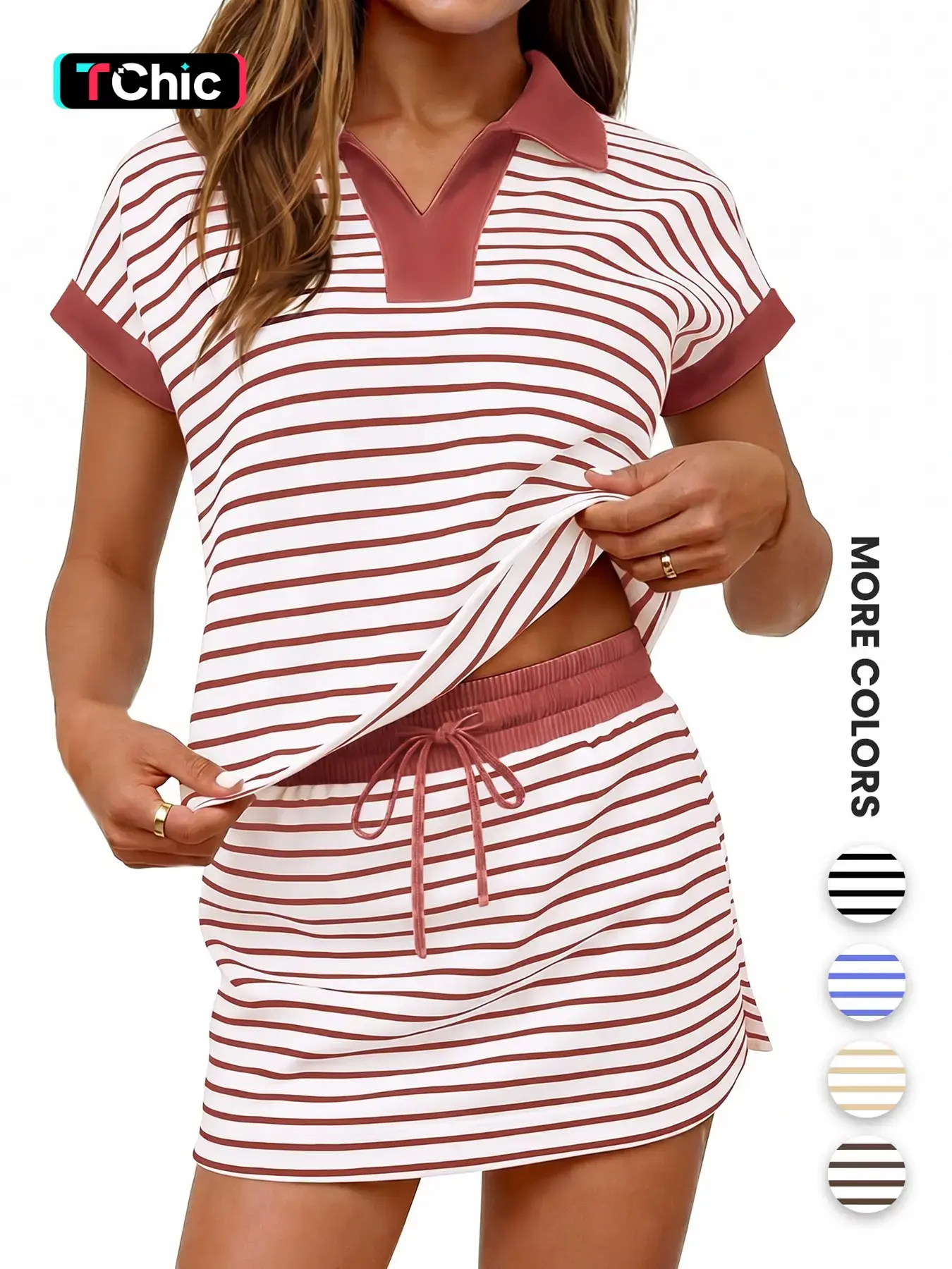 Women's Striped Two-Piece Set, Short-Sleeve Shoulder-Cover V-Neck Blouse and Elastic-Waist Skirt Pants, Casual Summer Outfit Top