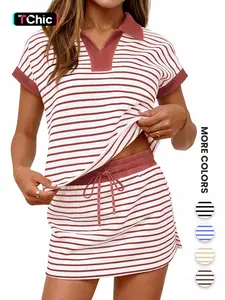 Women's Striped Two-Piece Set, Short Sleeve Shoulder Cover Top, Elastic Waist Skirt Pants, Casual, V Neck Blouse + Half Dress, Summer Wear