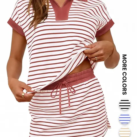 Women's Striped Two-Piece Set, Short-Sleeve Shoulder-Cover V-Neck Blouse and Elastic-Waist Skirt Pants, Casual Summer Outfit Top Clothes