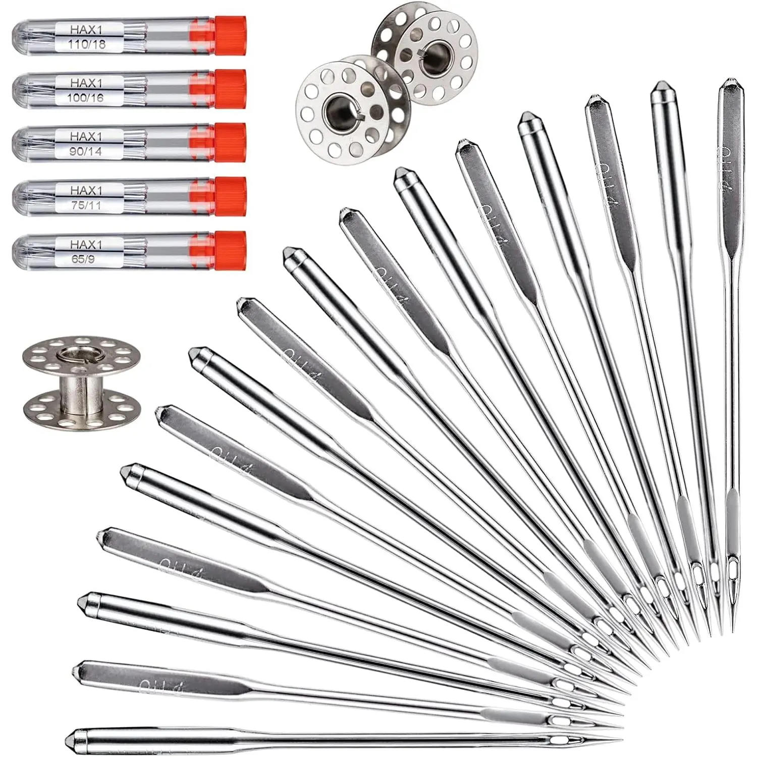 Home Sewing Machine Needles HAX1 Size Set (50 PCS) - High-Strength Steel, Long Service Life, Compatible with Janome/Varmax, Sizes 65/9,75/11,90/14,100/16,110/18