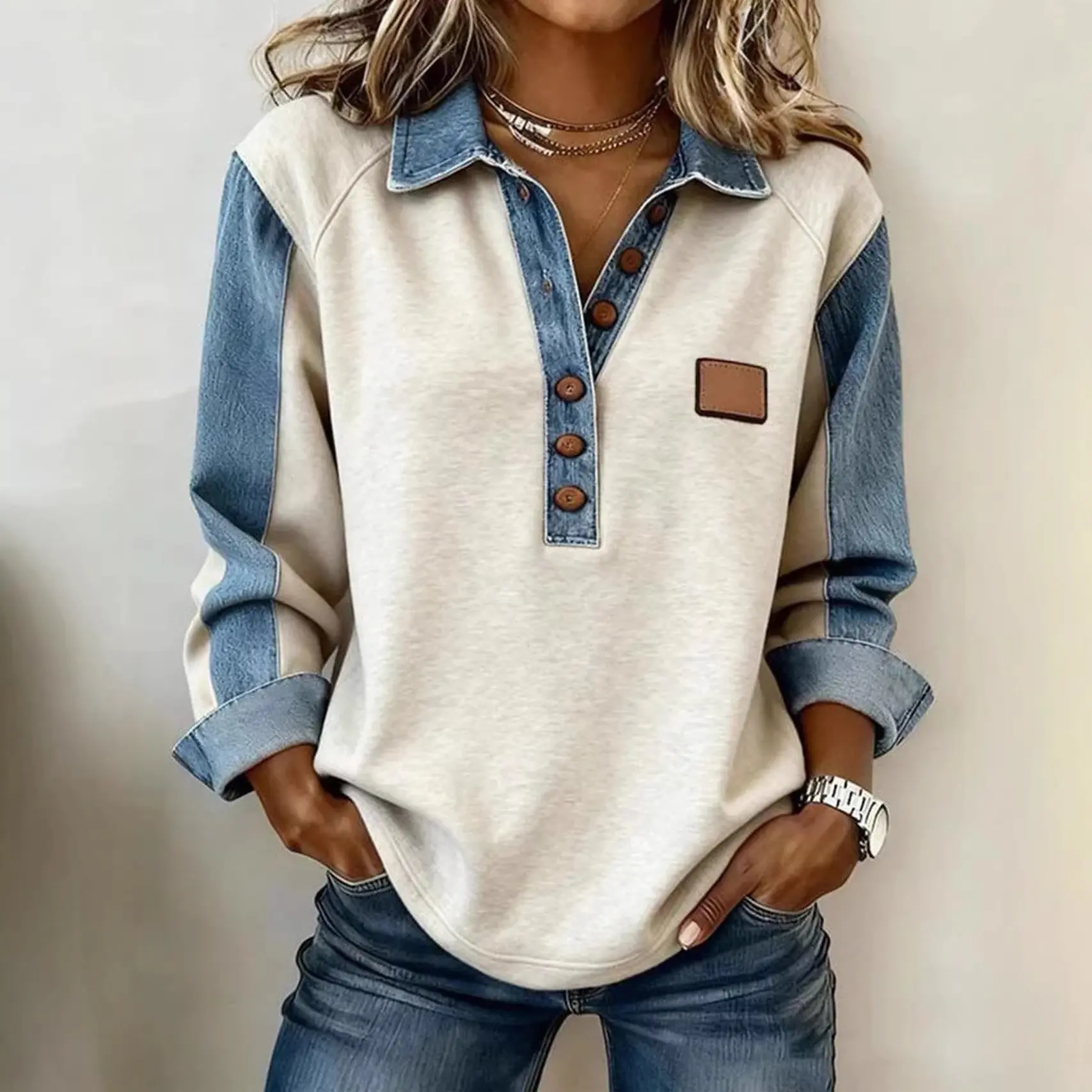 Women's 2026 Mixed Color-Block Denim Collar Sweatshirt, Baggy Loose-Fit, Long-Sleeve Casual Sporty Chic Sports Top, Tops