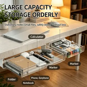 No-Drill Under-Desk Hidden Drawer for Office Workstations, Tidy Desk Organizer for Stationery and Tech Accessories, Space-Saving Storage Solution, Multi Purpose Organizer
