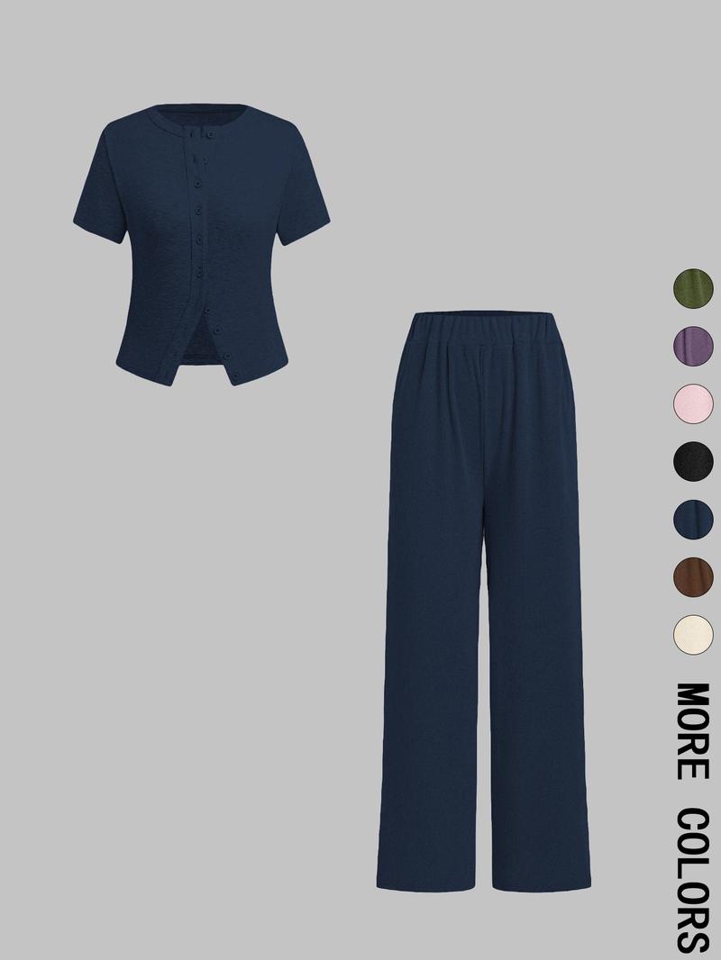 Two-piece Set Women's Solid Color Top & Wide Leg Pants, Casual Basic Comfy Round Neck Top & Trousers for Daily Wear, Ladies Two-piece Outfits for All Seasons, Clothes,Airport Outfit