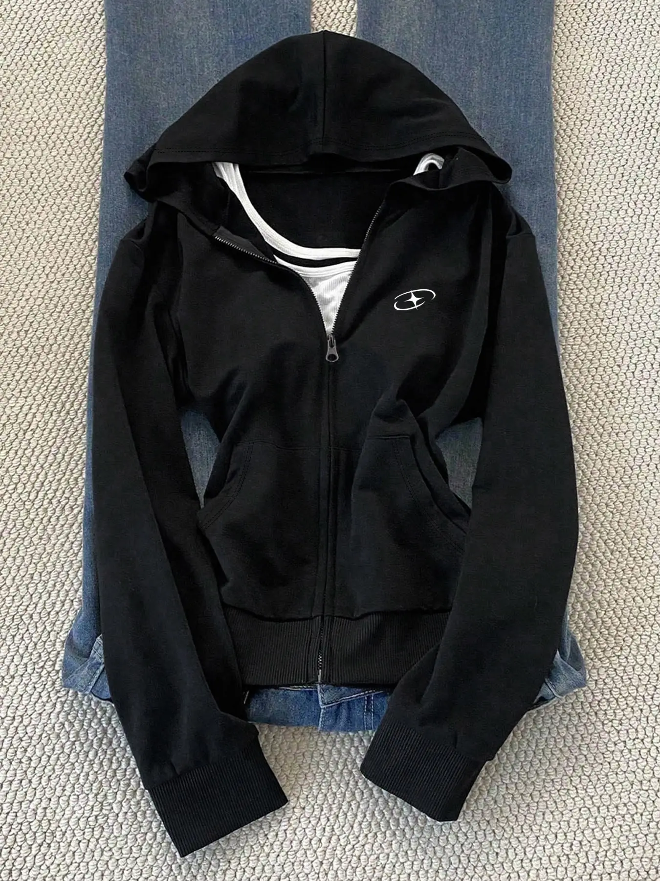 Women's Minimalist Small Star Logo Printed Zip-Up Cropped Hoodie With Pockets, Suitable For Y2K Casual Style, Daily Commute And Campus Outfits