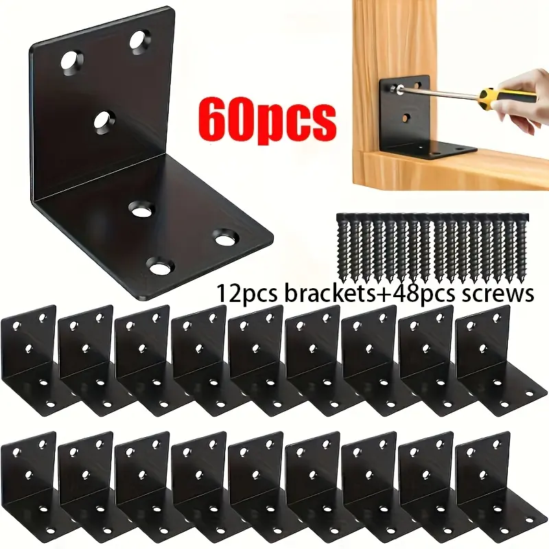 12Pcs 1.4" Heavy Duty Black Corner Brackets with 48 Screws, 36mm 90 Degree L Right Angle Brace Joint Fastener for Wood Furniture Chair Bed Shelf Metal Brackets