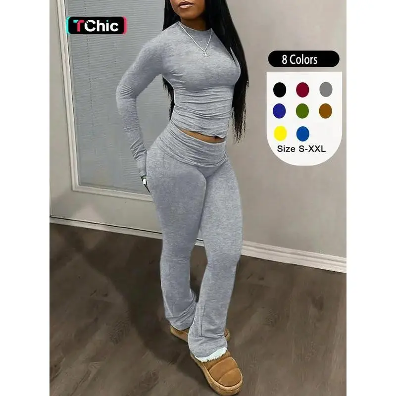 Two-piece Set Women's Solid Color Long Sleeve Tee & Foldover Waist Flare Leg Pants Set, Casual Wear Long Sleeves Round Neck Top & High Waist Bell Bottom Trousers, Womenswear for Fall & Winter