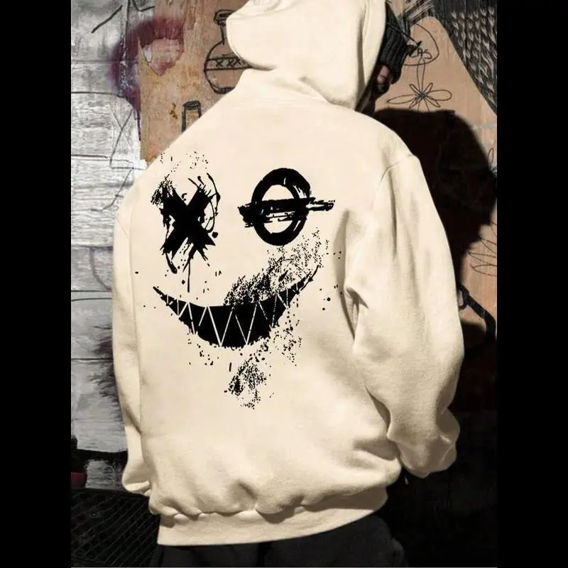 Men's Smile Face Print Pocket Hoodie, Regular Fit Casual Fashion Street Hooded Sweatshirt for Daily Holiday Outdoor Wear, Men Trendy Grunge Clothes for Fall & Winter Menswear Tops Pullover Long Sleeve Khaki Gamis Wetsuit Knit