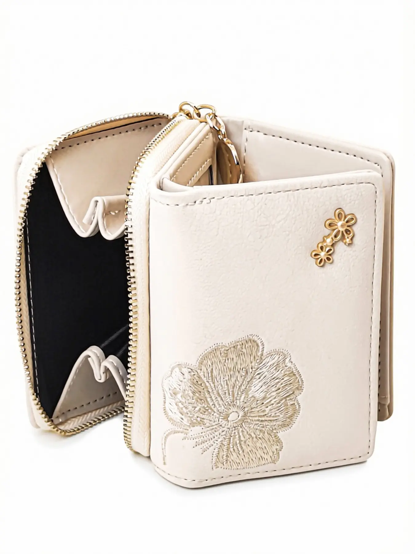 Compact Ultra-Thin Multi-Functional Wallet, Three-Fold PU Leather Coin Purse, Large Capacity Zipper Design, Elegant Embroidery Detailing