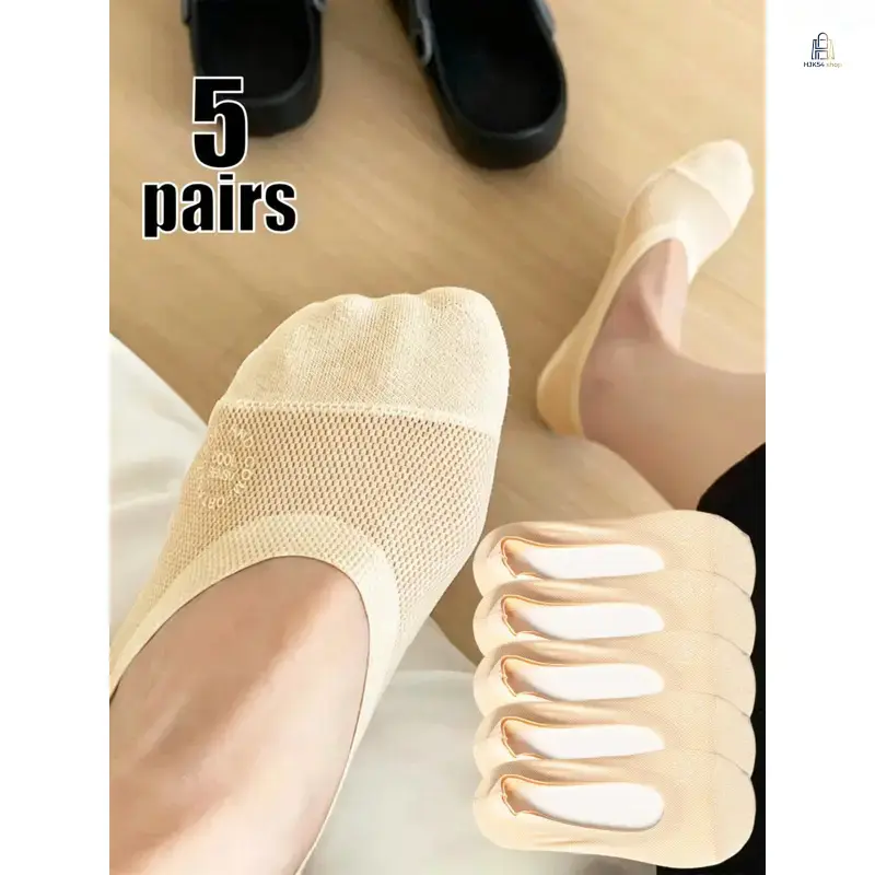Women's No Show Socks, 5-Pair Breathable Lightweight Mesh Socks with Patchwork Design and Non-Slip Silicone Heel Grips, Mesh Fabric, Patchwork Print