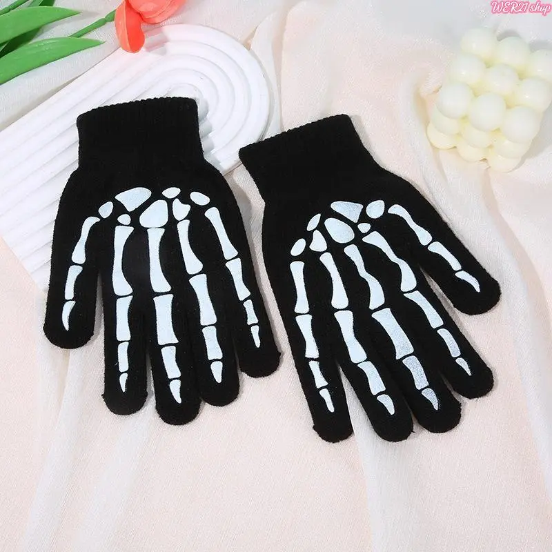 Knitted Gloves, Halloween Skull Glow In The Dark Holiday Party Costume Gloves, Luminous Skeleton Print Stretch Knit Hand Warmers, Factory Direct Bulk Wholesale Gloves For Adult Men Women, Breathable Lightweight Luminous Gloves For Outdoor Cycling