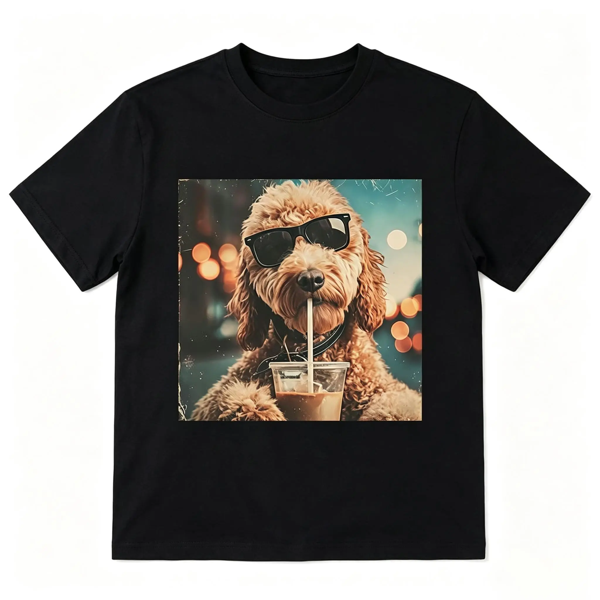 Men's Cute Goldendoodle Iced Coffee Graphic T-Shirt - 100% Cotton Seamless Soft Smooth Fabric, Casual Round Neck Short Sleeve, Lightweight Foldable Menswear for Dog Lovers, Custom Made, Machine Washable