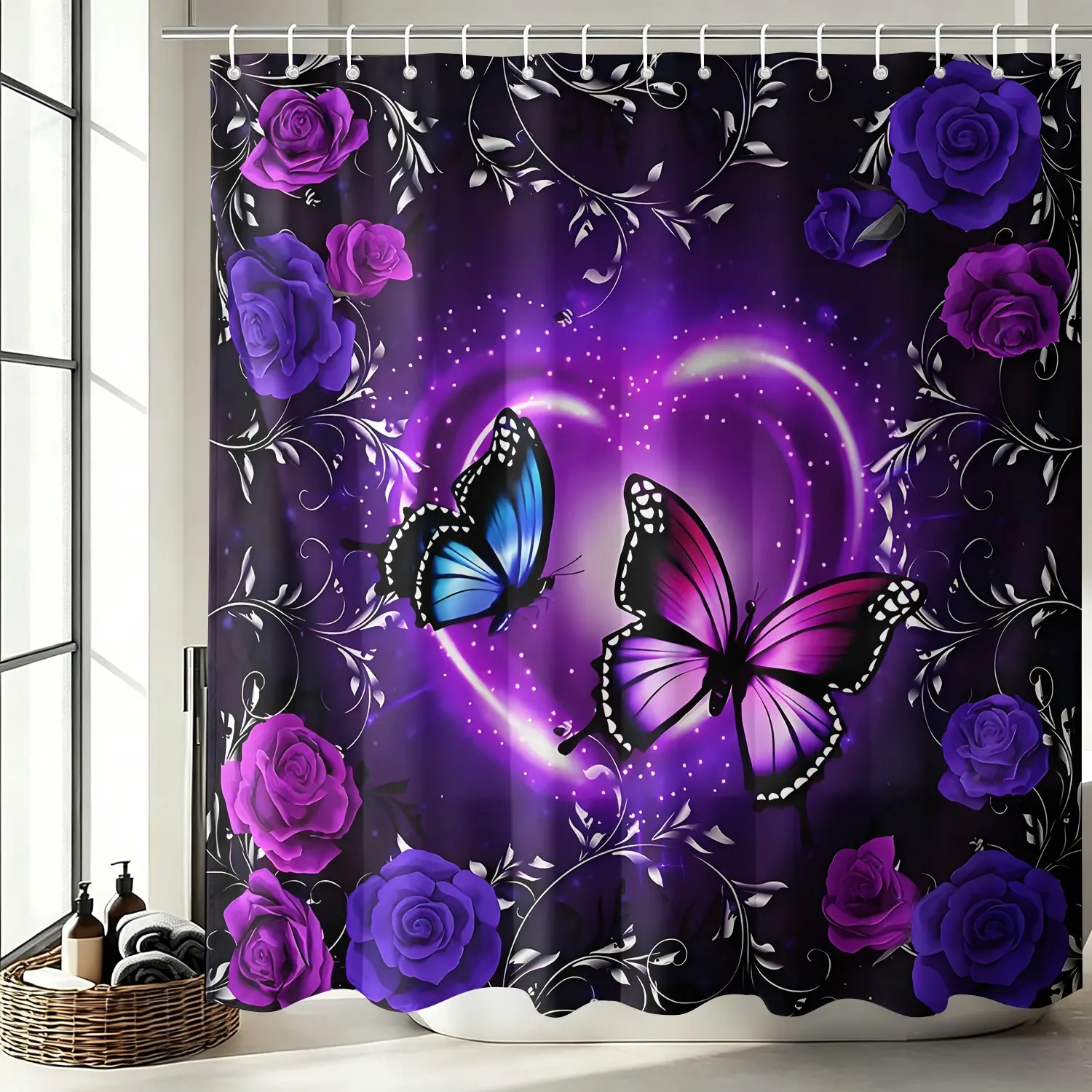 Dreamy Purple Heart Butterfly Rose Shower Curtain Set, Waterproof Cloth Fabric Bathtub Curtain 72"x72" with 12 Hooks, Romantic Floral Girly Bathroom Decor Accessories