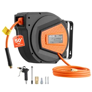 【DealsForYouDays】VEVOR Retractable Air Hose Reel, 1/4 Inchx 50 FT Hybrid Air Hose Max 300PSI, Enclosed Air-Compressor Hoses Reel Auto Rewind with 6.6 ft Lead in Blow Gun, 180 Swivel Ceiling/Wall Mount