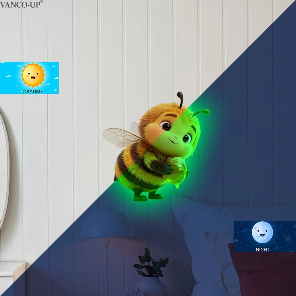 1Pc (30*30cm) Glow-in-the-Dark Cute Bee Wall Sticker, Cartoon Bee with Honey Pot Decal for Kids Room Decor