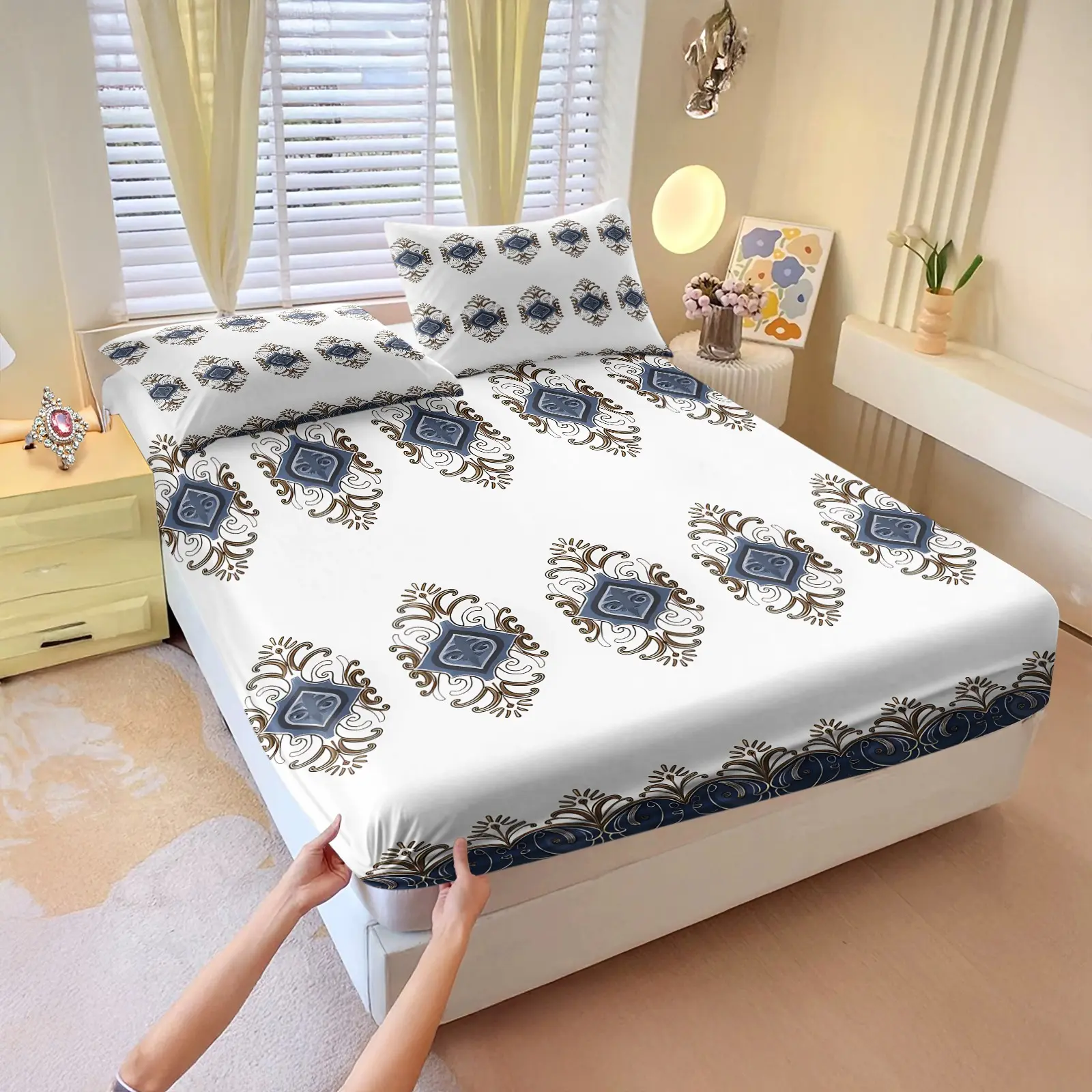 3Pcs Rococo Printed Fitted Sheet Set, Comfy Bedding Sets – Multiple Styles Available, Soft, Comfortable & Breathable; Suitable for All People and Bedrooms, Ideal Gift Option