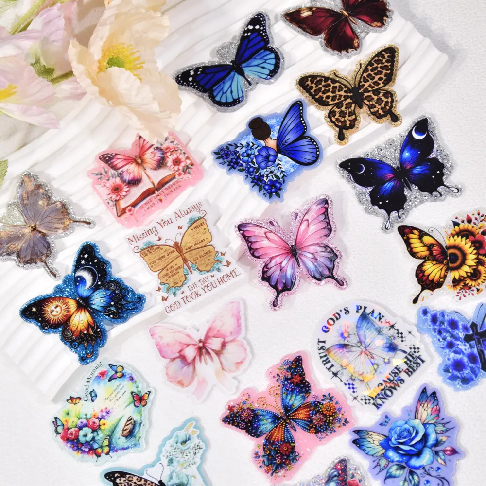 30 Assorted Glitter Butterfly 2D Flat Acrylic Flatback Beads - Glitter Resin & Acrylic Material, Ideal for Craft Projects, Badge Reels, Holiday Gifts, Beading Supplies