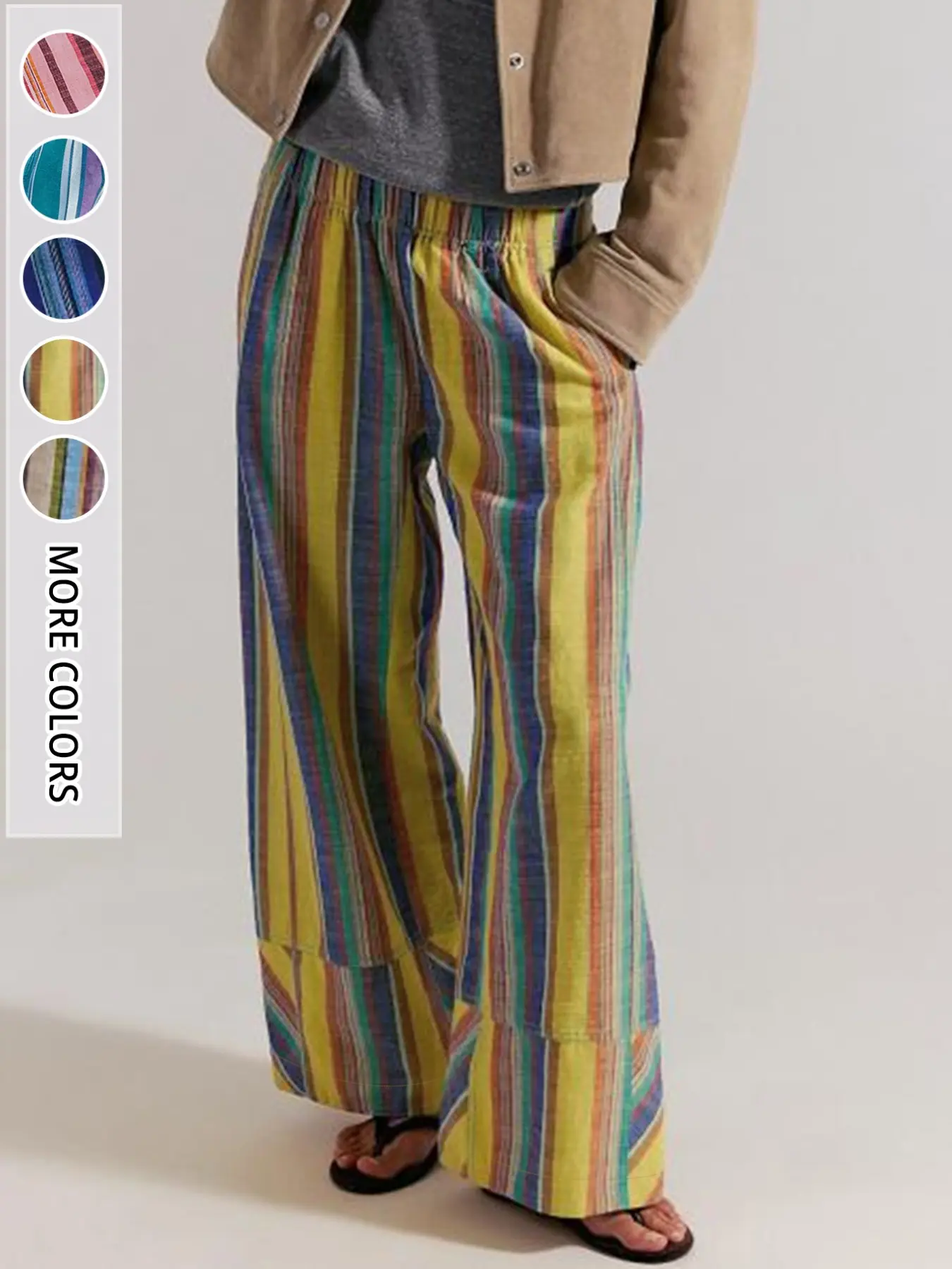 New Bohemian Striped Wide Leg Pants for Women, Elastic High Waist, Breathable Linen Fabric, Loose Fit, Summer & Spring Fashion
