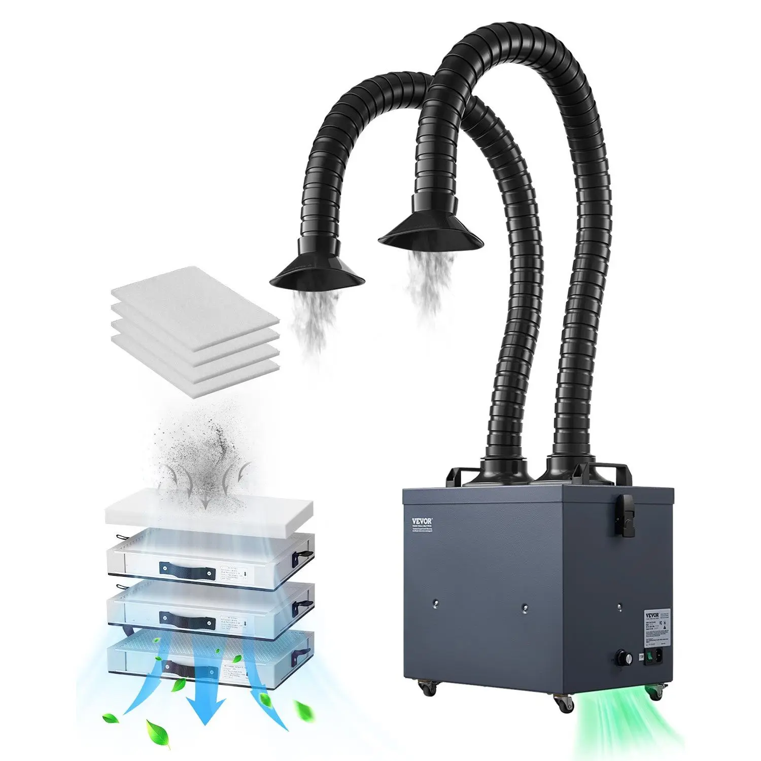 VEVOR Soldering Fume Extractor with Dual Hoses, 275W Brushless Solder Smoke Absorber with 4-Stage Filters 10 Speeds, 380m/h Strong Suction Smoke Purifier for Soldering, Laser Engraving, DIY Welding