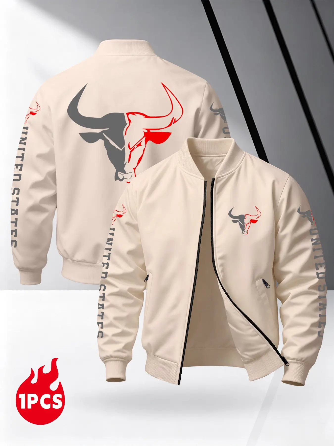 American Street Style Bull Print Flight Jacket, Men's Baseball Neck Zipper Jacket, Zip Outerwear, Long Sleeve Fitted H-Type, Casual Commute & Travel Top