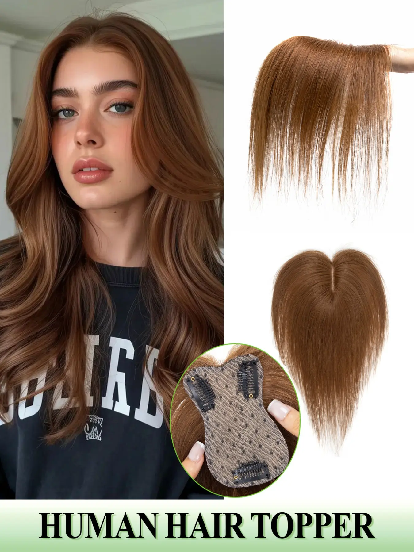 Women's Clip-In Real Human Hair Topper with Side Bangs, 7×11cm Natural Straight Extensions, Realistic Scalp Base, Volumizing Hair Piece for Thin Hair, Multiple Elegant Shades, Easy to Wear Daily Hair Accessory for Women