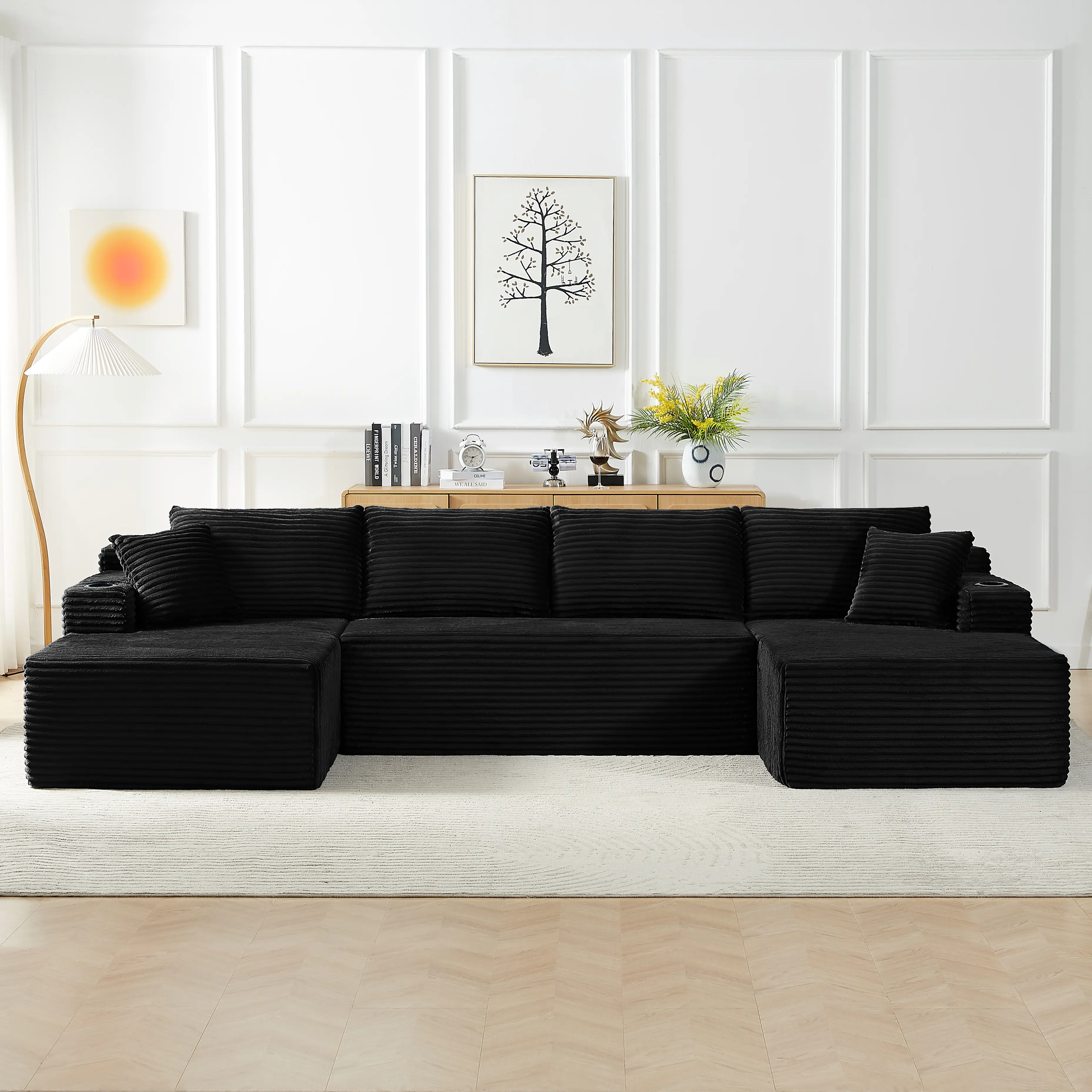 ARCH Compressible U-Shaped Sectional Sofa Set 6-Seat Modular Cloud Couch Corduroy Fabric Black Living Room Furniture Sponge Pocket Spring Support No Assembly Needed, Black Color Options, Corduroy Material, 6 Seat Seat Count, Product Dimensions: