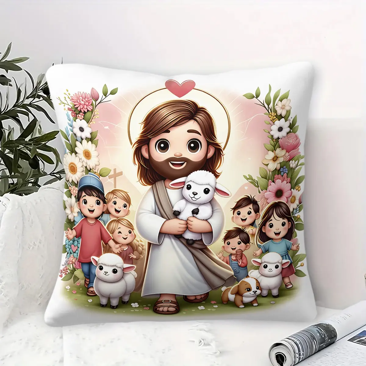 Adorable Cartoon Jesus Shepherd Throw Pillow, Kids Lambs Floral Christian Print Accent Pillow, Soft Religious Decorative Cushion, Includes Pillow Core, For Bedroom Living Room Church Sofa Couch Home Decor, Cushions For Sofa