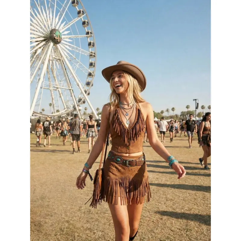 Women's Vintage Hippie Rivet Fringe Brown Suede A-Line Skirt, Summer Autumn Skirt,Nashville Outfits,Pirate Skirt
