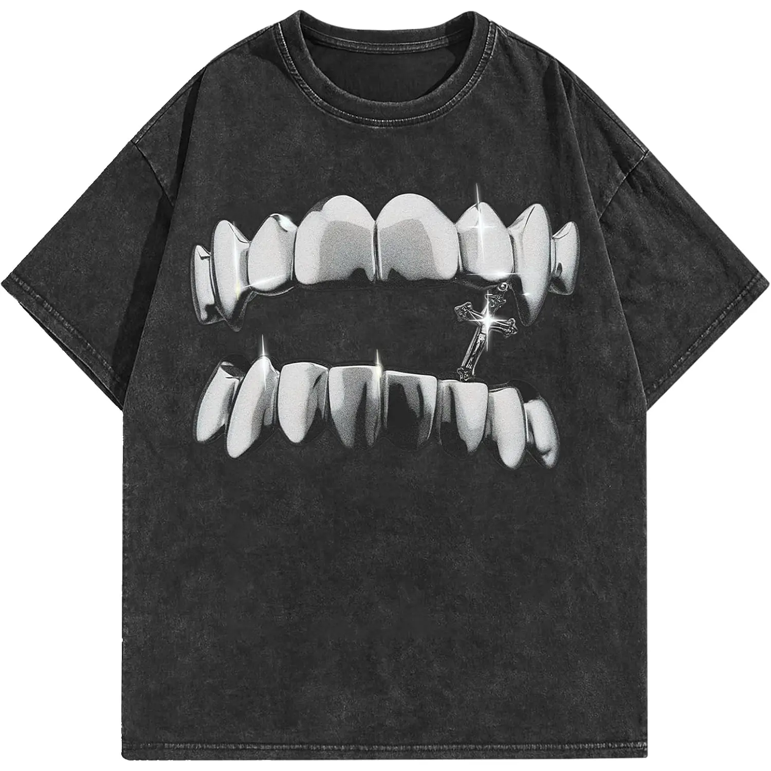 Silver Grillz Teeth Graphic Tee Vintage Washed Cotton Tshirt Hip Hop Cross Pendant Y2K Dark Streetwear Oversized T Shirt Women Short Sleeve Crewneck Top Retro Gift Men Loose Casual Top Fashion Streetwear