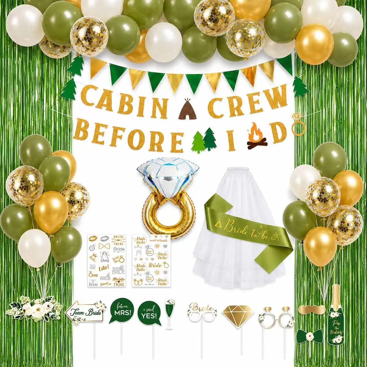 Camp Bachelorette Decorations, Green Bride To Be Sash Veil Fringe Curtain, Cabin Crew Before I Do Banner Balloons , Green Photography Propscamping Themed Bridal Shower Wedding Decorations