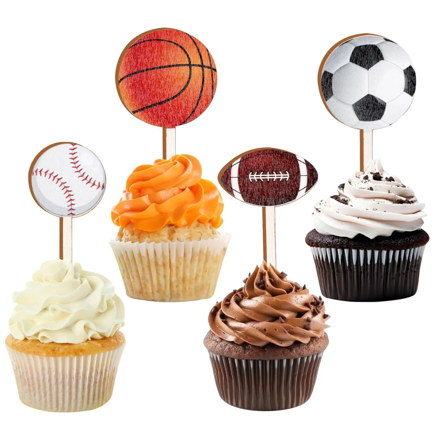 16PCS Reusable Wooden Sports Cupcake Toppers - Basketball, Football, Baseball, Soccer for Cake Decorating, Happy Birthday Party Cupcakes/Cakes Supplies