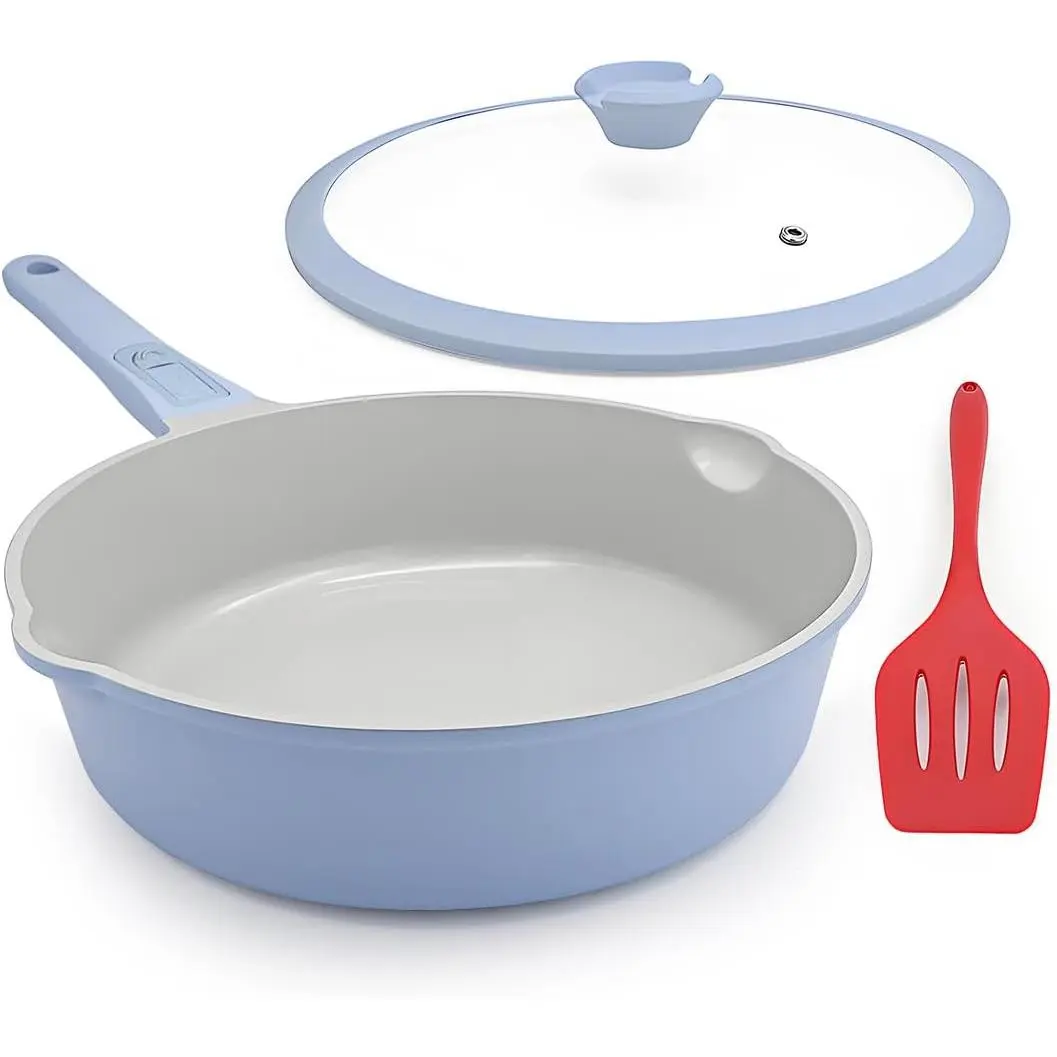 12 Inch Ceramic Frying Pan Skillet with Lid, Nonstick Deep Frying Pan for Cooking, 5 QT Large Saute Pan with Detachable Handle, Induction Ready, PTFE & PFAS-Free, Oven Safe, Blue