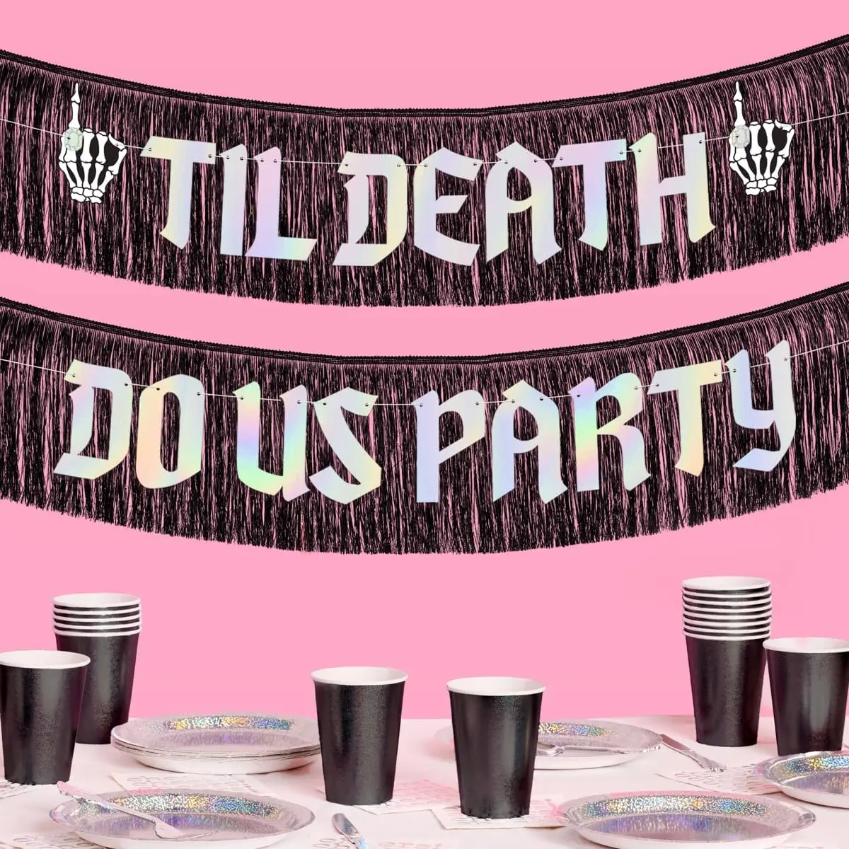 xo, Fetti Til Death Do Us Party Fringe Banner - Black + Iridescent, 5 Ft. | Bachelorette Party Decorations, Halloween Birthday, Bridal Shower Decor, Bride to Be, Gothic Wedding, Bride Or Die Emo FavorGift.