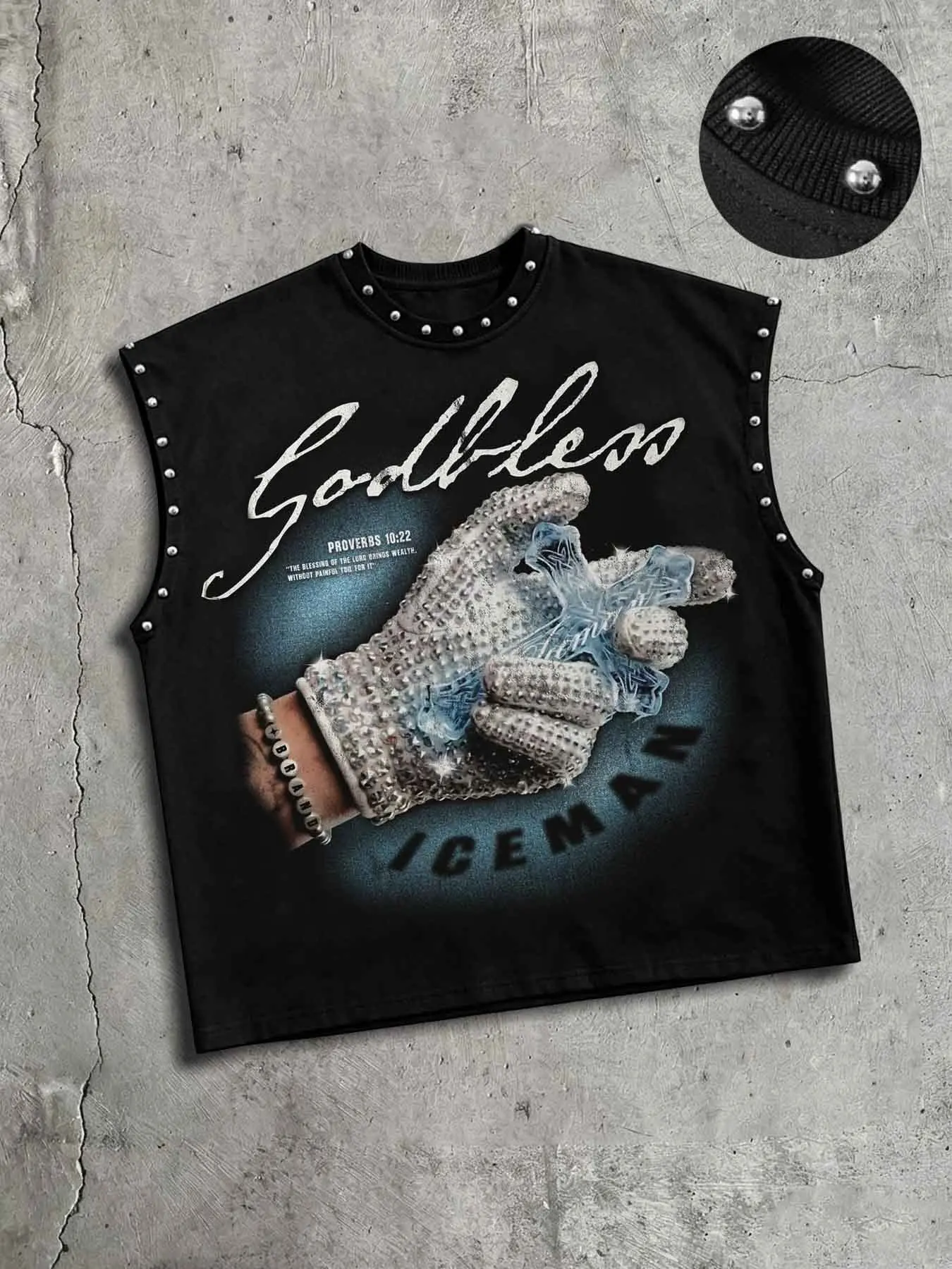 Godbless Vintage Rivet Oversized Vest, Sleeveless Loose-Fit Streetwear, Graphic Letter Pattern, Unisex Sporty Top, Ideal for Rapper Style