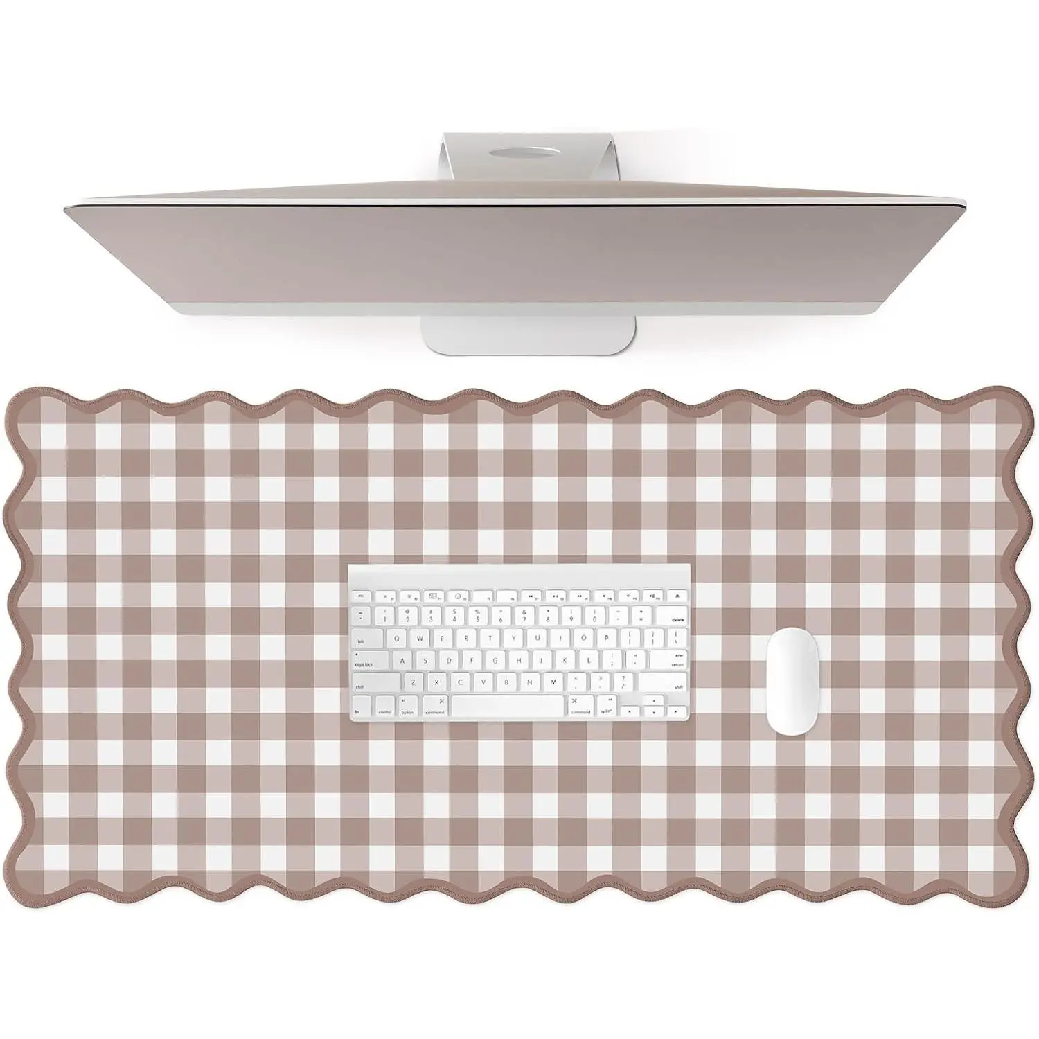Scalloped Checkered Desk Mat Cute Brown Gingham XXL Large Gaming Mouse Pad Farmhouse Cottagecore Vintage Keyboard Computer Mat for Desktop Aesthetic Cozy Office Desk Decor