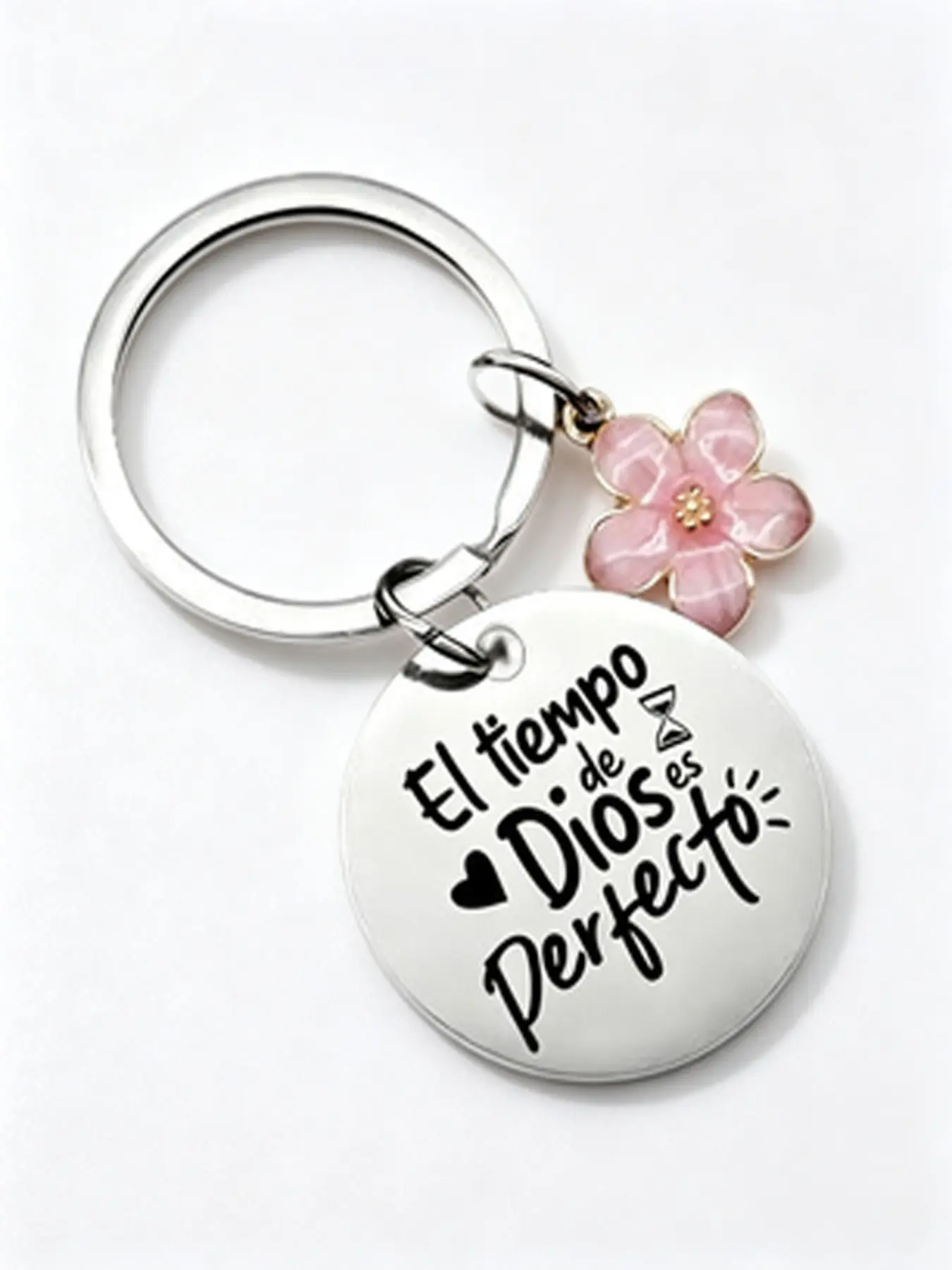 1pc Spanish Religious Quote Keychain, Sweet Minimalist Silver Metal Style, Engraved Spanish Text + Pink Cherry Blossom Charm, Inspirational Gift For Christian Women Daily Key Accessory