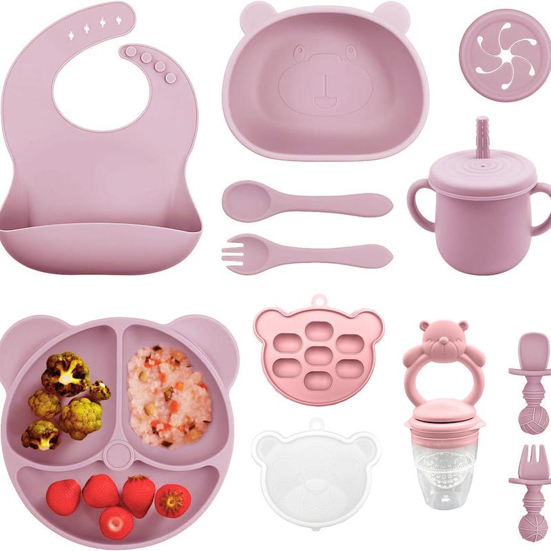 Bear Design Silicone Baby Feeding Set, 11-Piece Baby Dinnerware Set with Bowl, Spoon, Fork, Bib, Straw Cup, Snack Cup and Ice Cube Box, Cutlery Utensil Sets