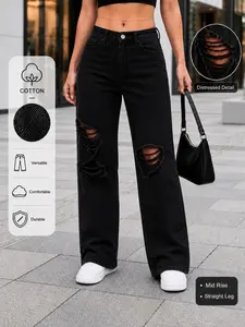 🦋Millennial Style Ripped Straight Leg Loose Jeans, Women's Wide Streetwear Mid-Waist Denim Jeans, All-Season Daily Wear
