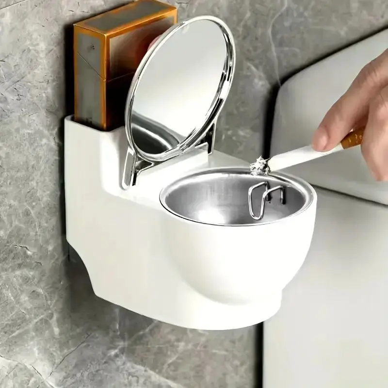 1pc Creative Toilet Shape Ashtray with Lid, Windproof & Dustproof Thickened Design, Wall-Mounted Punch-Free Ashtray for Bathroom & Living Room, Novelty High-Grade Home Decor, Toilet Style Ashtray for Toilet Use