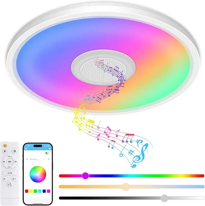 RGB Ceiling Light with Bluetooth Speaker, 24W 12Inch Smart Music Light 3000K-6500K Dimmable with APP and Remote Control, Color Changing Led Light Fixture Flush Mount for Bathroom Shower Bedroom
