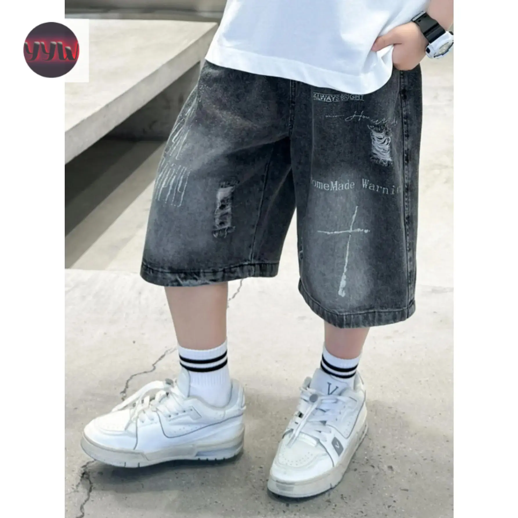 YYW1 Boys' Distressed Shorts with Ripped Lettering - Loose Fit Streetwear Style, Machine Washable Casual Shorts Suitable Daily Wear, Outdoor Play &'s Gifts to Teen Boys, Perfect Outdoor