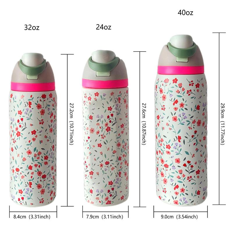 Floral Pattern Stainless Steel Vacuum Flask, 1 Count 24oz-32oz-40oz Water Bottle with Straw, Stainless Steel Thermos, Drinking Cup for Home Office School Outdoor, Portable Drinkware, Insulated Mug, Leakproof Insulated Tumbler