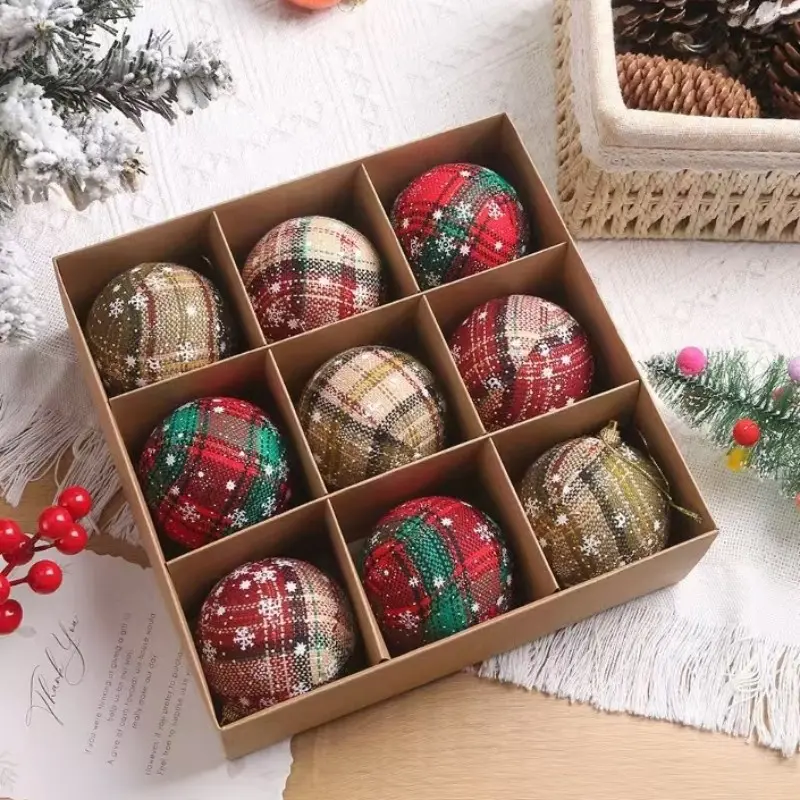 9Pcs Plaid Christmas Ball Ornaments Set, 3.14" Shatterproof Fabric Wrapped Holiday Hanging Tree Decorations with Snowflake Print, Rustic Farmhouse Burlap Christmas Decor for Party & Home