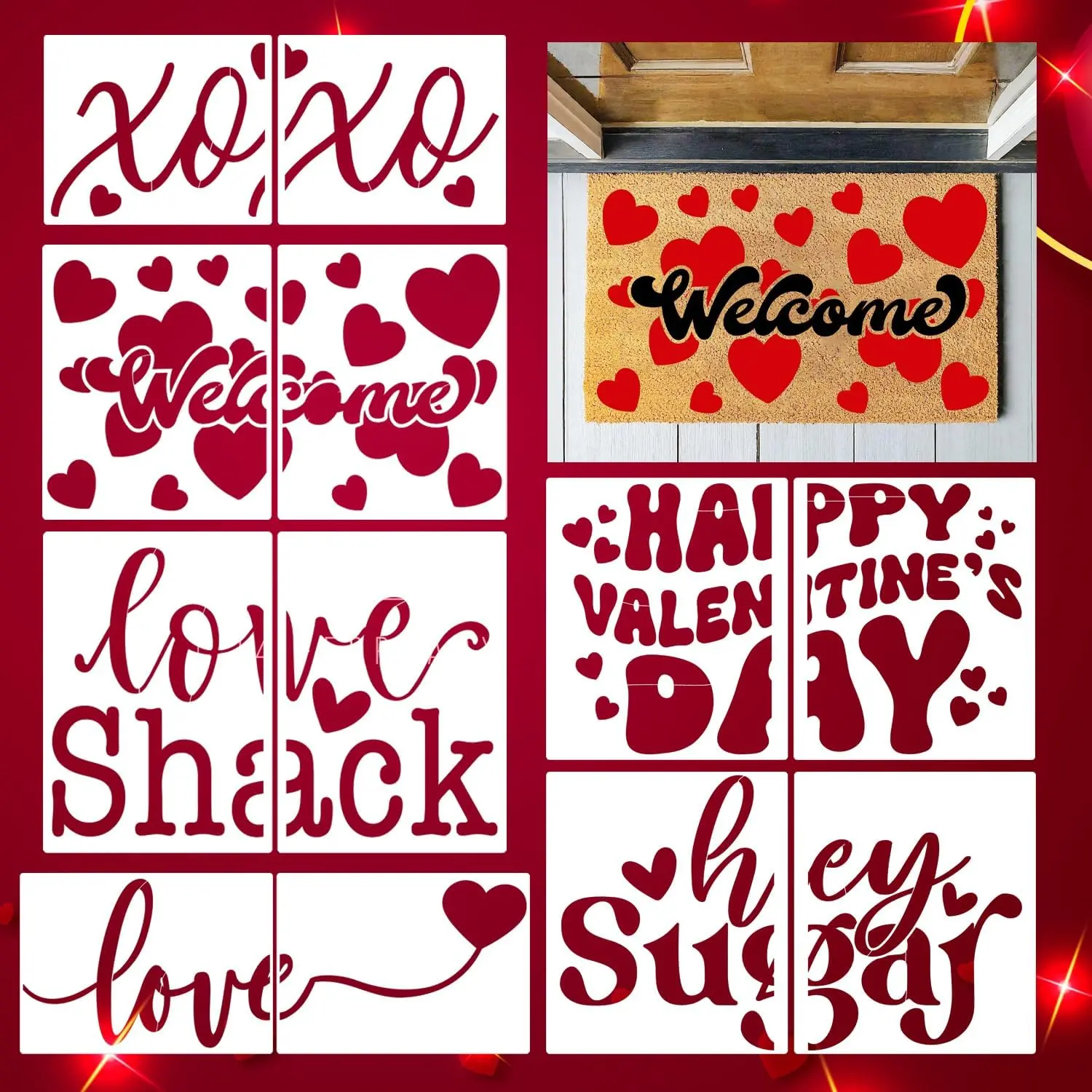 Valentine's Day Stencils for Doormats 27.5”  Welcome Love Heart Door Mat Stencil Hey Sugar Drawing Templates for Doormat  Fabrics