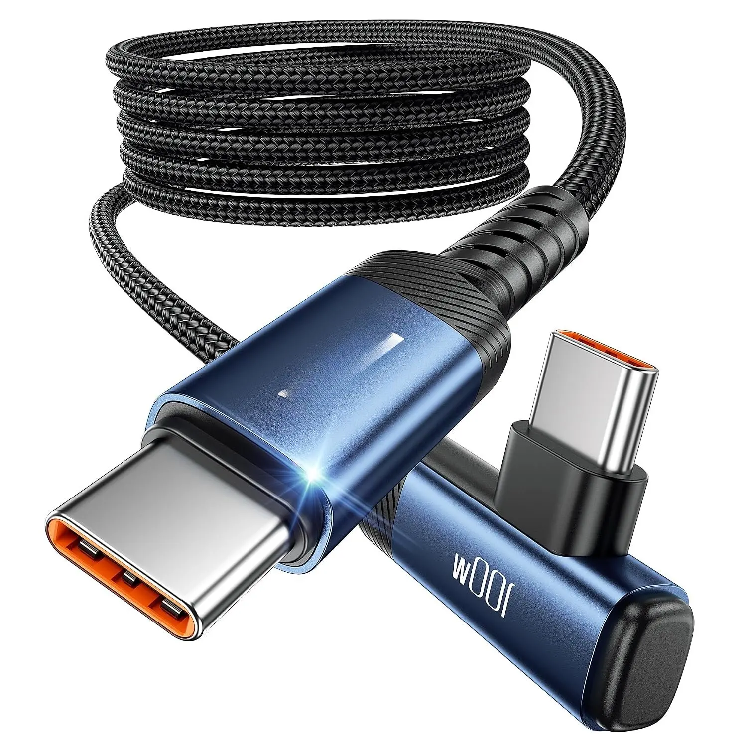 USB C  6.6ft, 100W Right Angle   Cord, Blue | Nylon Braided USB 2.0  for  17 16 15 Pro Plus Pro Max Air, iPad Pro, Galaxy S25 S24, , MacBook Pro, Pixel