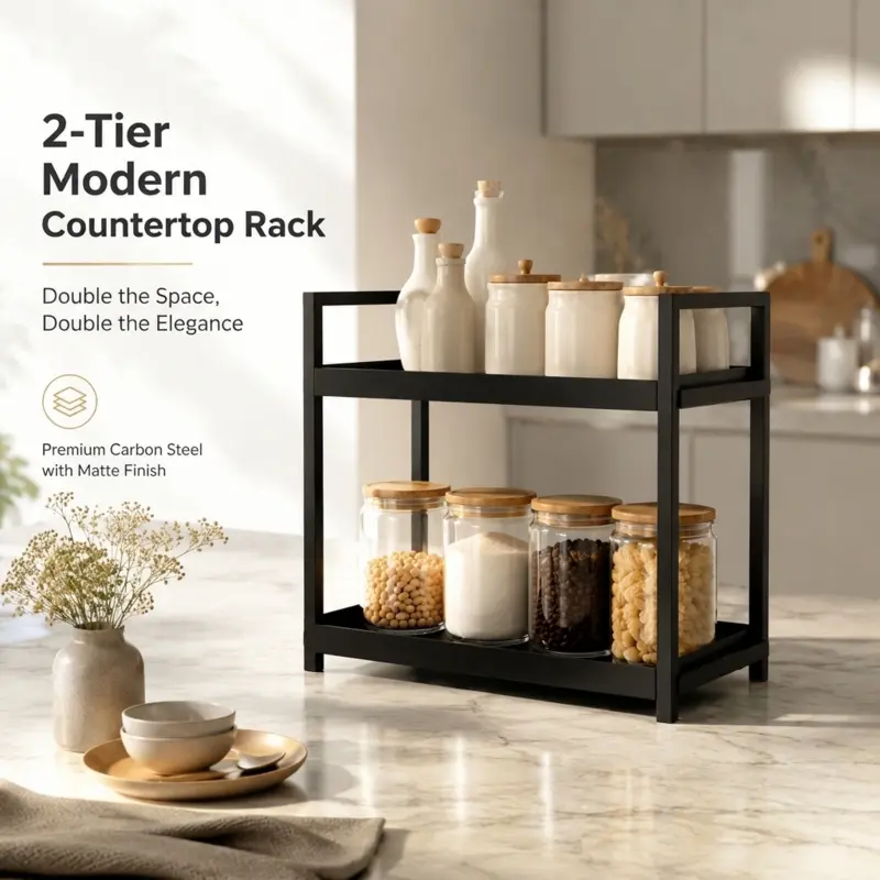 2-Tier Modern Matte Carbon Steel Countertop Storage Rack Freestanding Spice Organizer Shelf For Kitchen Bathroom Vanity